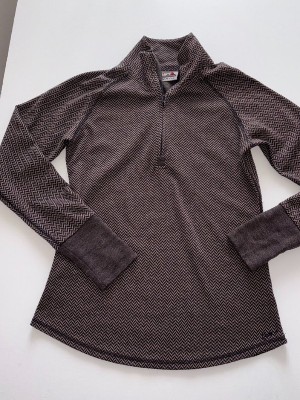 Kavu Women's 1/4 Zip Brown Black Herringbone Mock Neck Pullover Long Sleeve S